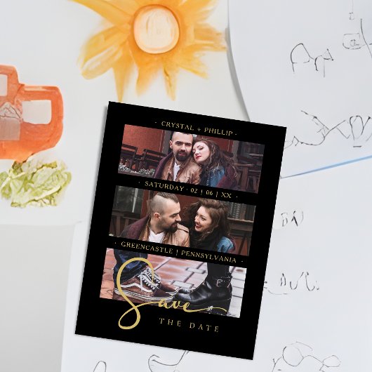 Carte Magnétique Cool Black Golden Romantic Wedding 3 Multi Photos