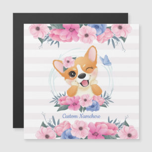 Carte Magnétique Couronne de fleurs de chien Corgi mignon Papillon 