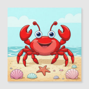 Carte Magnétique Crabe rouge caricaturale gai sur une plage avec co