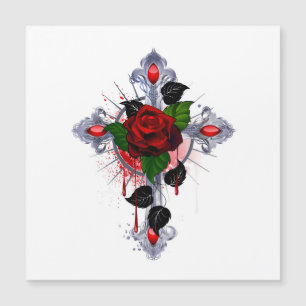 Carte Magnétique Croix d'argent avec une rose rouge