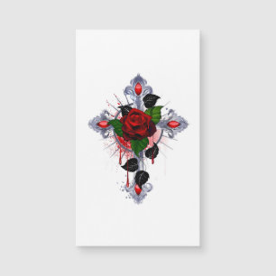 Carte Magnétique Croix d'argent avec une rose rouge