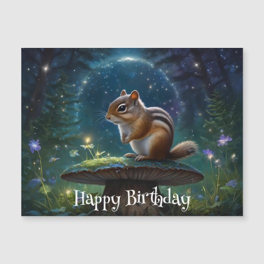 Carte Magnétique Cute Chipmunk sur Champignons dans le Jardin Magiq (Devant)