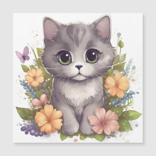 Carte Magnétique Cute Grey Kitty avec Fleurs Kawaii Chibi (Devant)