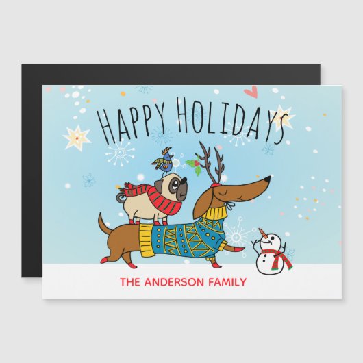 Carte magnétique Dachshund, Pug et Oiseau (Devant / Derrière)