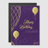 Carte magnétique d'anniversaire violet et or heure (Devant / Derrière)