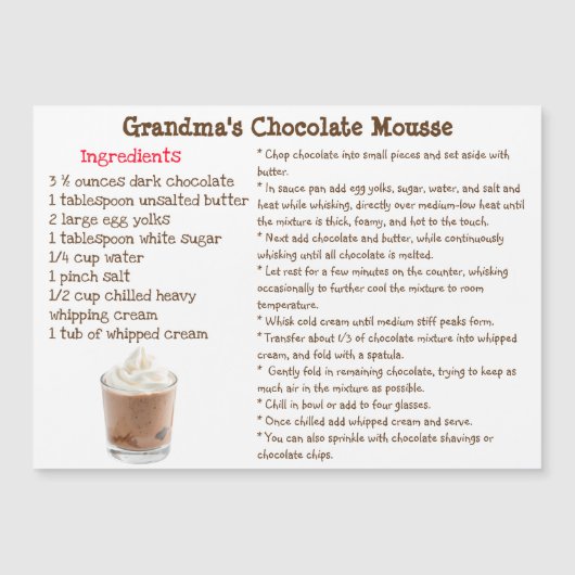 Carte magnétique de recette de mousse au chocolat (Devant)