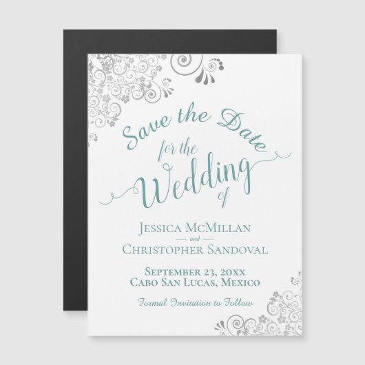 Carte Magnétique Dentelle d'argent Turquoise sur blanc Enregistrer  (Devant / Derrière)