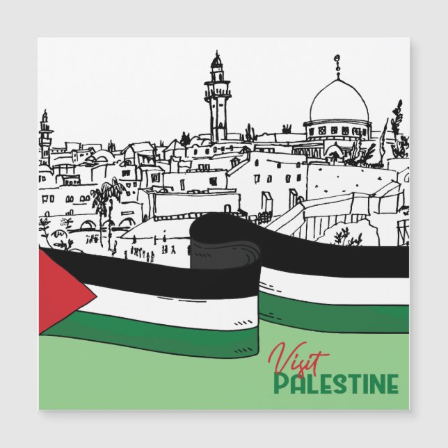 Carte Magnétique Drapeau de Palestine et vieilles maisons dessinées (Devant)