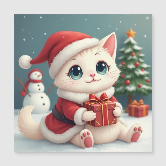 Carte magnétique du chat de Noël blanc (Devant)