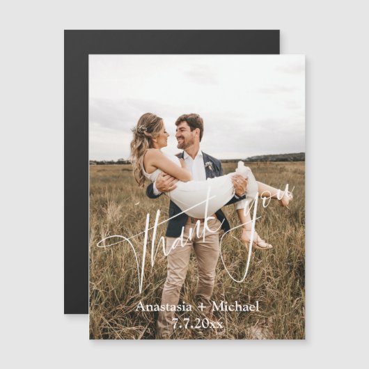 Carte Magnétique écriture moderne merci mariage photo aimant (Devant / Derrière)