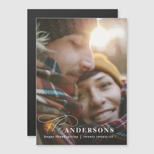 Carte Magnétique Ecriture or rouge plaid grâces 1 photo holida (Devant / Derrière)