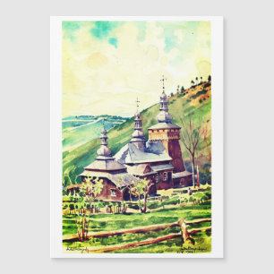 Carte Magnétique Église en bois ukrainienne aquarelle 1964