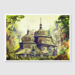 Carte Magnétique Église en bois ukrainienne aquarelle vintage