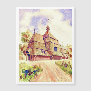 Carte Magnétique Église en bois ukrainienne aquarelle vintage