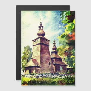 Carte Magnétique Église en bois ukrainienne aquarelle vintage