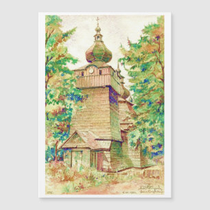 Carte Magnétique Église en bois ukrainienne aquarelle vintage