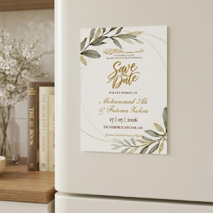 Carte Magnétique Élégance de feuilles d'or Mariage musulman SAVE TH