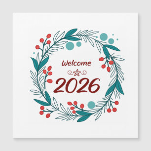 Carte Magnétique Élégant Bienvenue à 2026 - Festive Laurel Wreath