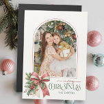 Carte Magnétique Elegant Coquette Bow Merry Christmas Arch Photo<br><div class="desc">This charming holiday greeting features an elegant arch shaped photo template with thin pink border,  sweet watercolor blush pink and ecru coquette style bow with holly and winter greenery and custom Merry Christmas text graphic in coordinating pink and sage green colors.</div>