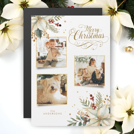 Carte Magnétique Élégant Joyeux Noël en or Botanique 3-Photo