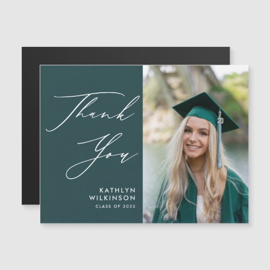 Carte Magnétique Élégant Merci de graduation photo de script vert (Devant / Derrière)