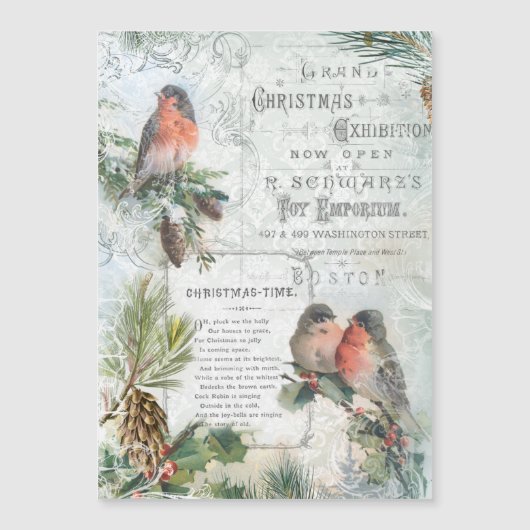 Carte Magnétique Élégant Robins de Noël Vintages d'hiver (Devant)