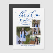 Carte Magnétique Élégant Script Blue 4 Photo Graduation Merci (Devant / Derrière)