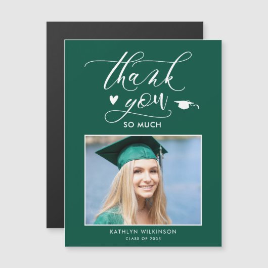 Carte Magnétique Élégant Script Vert Merci de graduation simple (Devant / Derrière)
