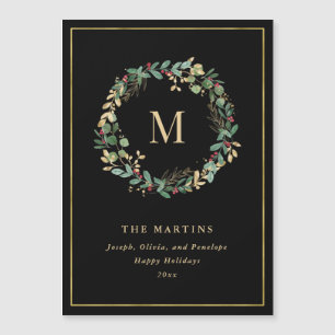Carte Magnétique Élégante couronne de Noël doré avec monogramme