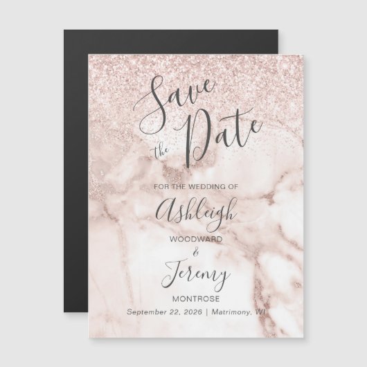 Carte Magnétique Élégante Rose en marbre Parties scintillant or Enr (Devant / Derrière)