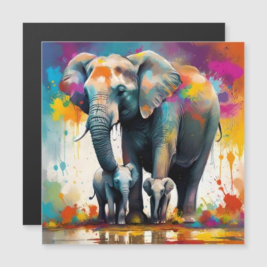 Carte Magnétique Eléphants De La Mère Et Du Bébé Couleur Splash, (Devant / Derrière)