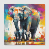Carte Magnétique Eléphants De La Mère Et Du Bébé Couleur Splash, (Devant)