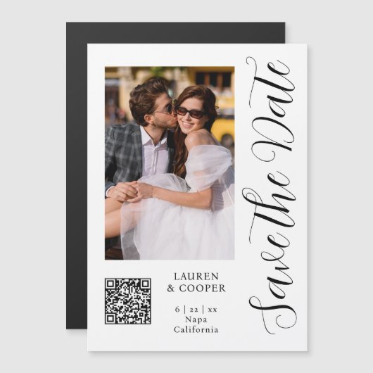 Carte Magnétique Enregistrer La Date Blanc Noir Design Script Moder (Devant / Derrière)