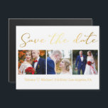 Carte Magnétique enregistrer la date or mariage photo collage aiman<br><div class="desc">élégant style enregistrer la date,  minimaliste calligraphie dorée,  mariage trois photos collage magnet.</div>