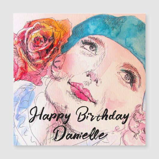 Carte Magnétique Fille avec Rouge Rose Beret Aquarelle Anniversaire (Devant)