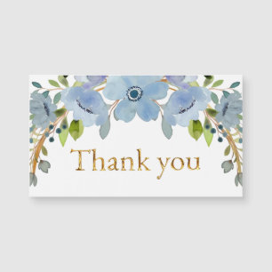 Carte Magnétique Fleurs bleues avec Elegant Merci de script or