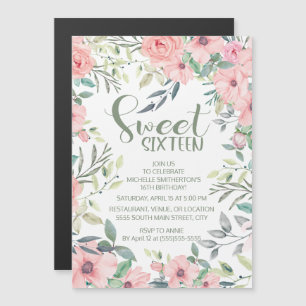 Carte Magnétique Fleurs Rose Blush Feuilles Vert Sauge Sweet 16