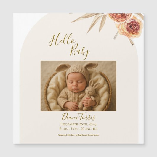 Carte Magnétique Fleurs séchées pastel crème Bonjour bébé (Devant)