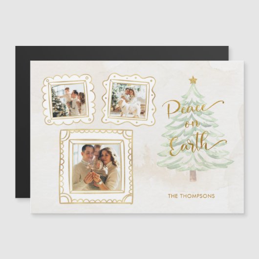 Carte Magnétique Fun Gold Doodle Frame Peace on Earth 3-Photo (Devant / Derrière)