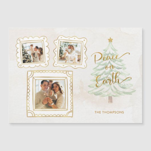 Carte Magnétique Fun Gold Doodle Frame Peace on Earth 3-Photo (Devant)