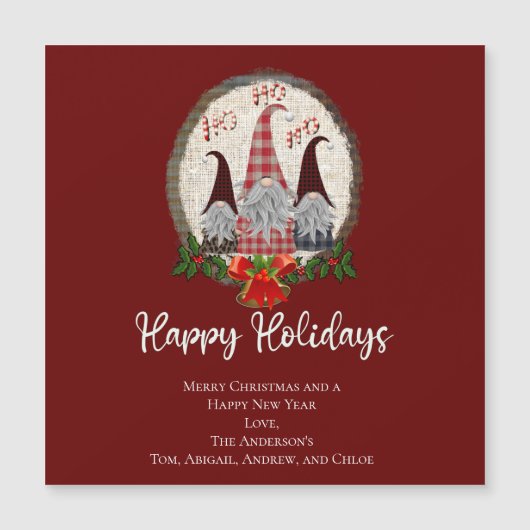 Carte Magnétique Gnomes de Noël Rouge Joyeux Vacances Rustiques, Pl (Devant)
