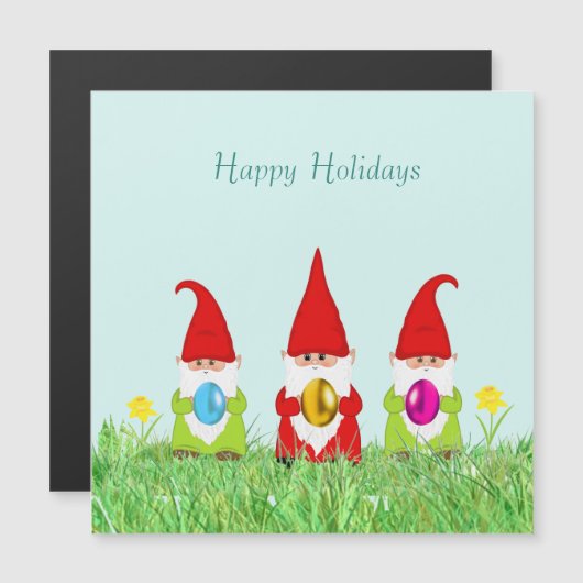 Carte Magnétique Gnomes mignons tenant des oeufs de Pâques (Devant / Derrière)