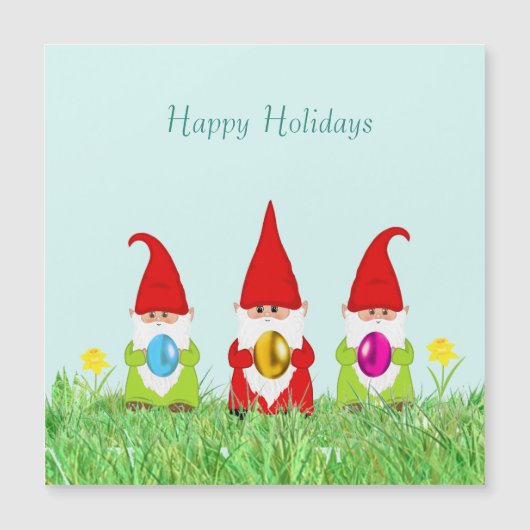 Carte Magnétique Gnomes mignons tenant des oeufs de Pâques (Devant)