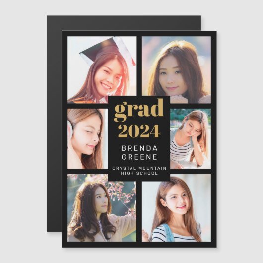 Carte Magnétique Graduation 6 Photo Collage Or Blanc Script Noir (Devant / Derrière)