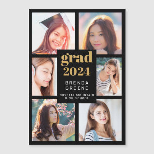 Carte Magnétique Graduation 6 Photo Collage Or Blanc Script Noir