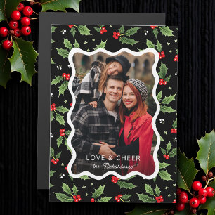 Carte Magnétique Gras Black Christmas Holly Wavy Frame Photo