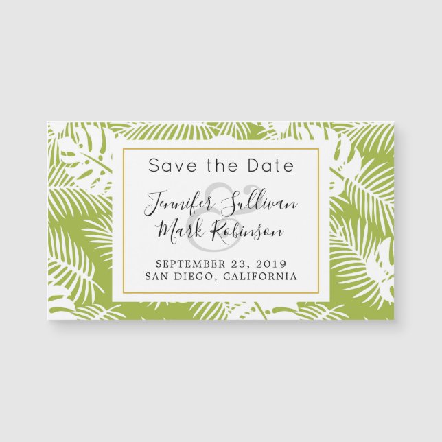 Carte Magnétique Green Palm Feuille Rainforest Motif Mariage Date (Devant)
