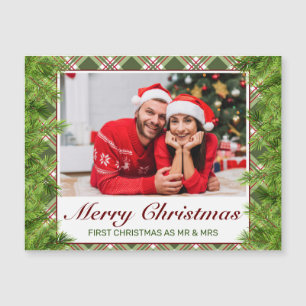 Carte Magnétique Green Red Plaid & Pine Photo Joyeux Noël