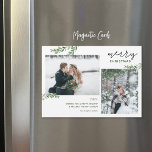 Carte Magnétique Greenery Branches 2 Photo Magnetic Christmas Card<br><div class="desc">Affordable custom printed magnetic holiday photo cards with simple templates for customization. The design feobjets Merry Christmas text, a photo collage template with space for 2 and your custom greeting, accented with simple elegant watercolor greenery branches. Use the design tools to edit fonts and colors or upload more photo to...</div>