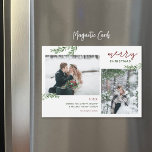 Carte Magnétique Greenery Branches 2 Photo Magnetic Christmas Card<br><div class="desc">Affordable custom printed magnetic holiday photo cards with simple templates for customization. The design feobjets Merry Christmas text, a photo collage template with space for 2 and your custom greeting, accented with simple elegant watercolor greenery branches. Use the design tools to edit fonts and colors or upload more photo to...</div>